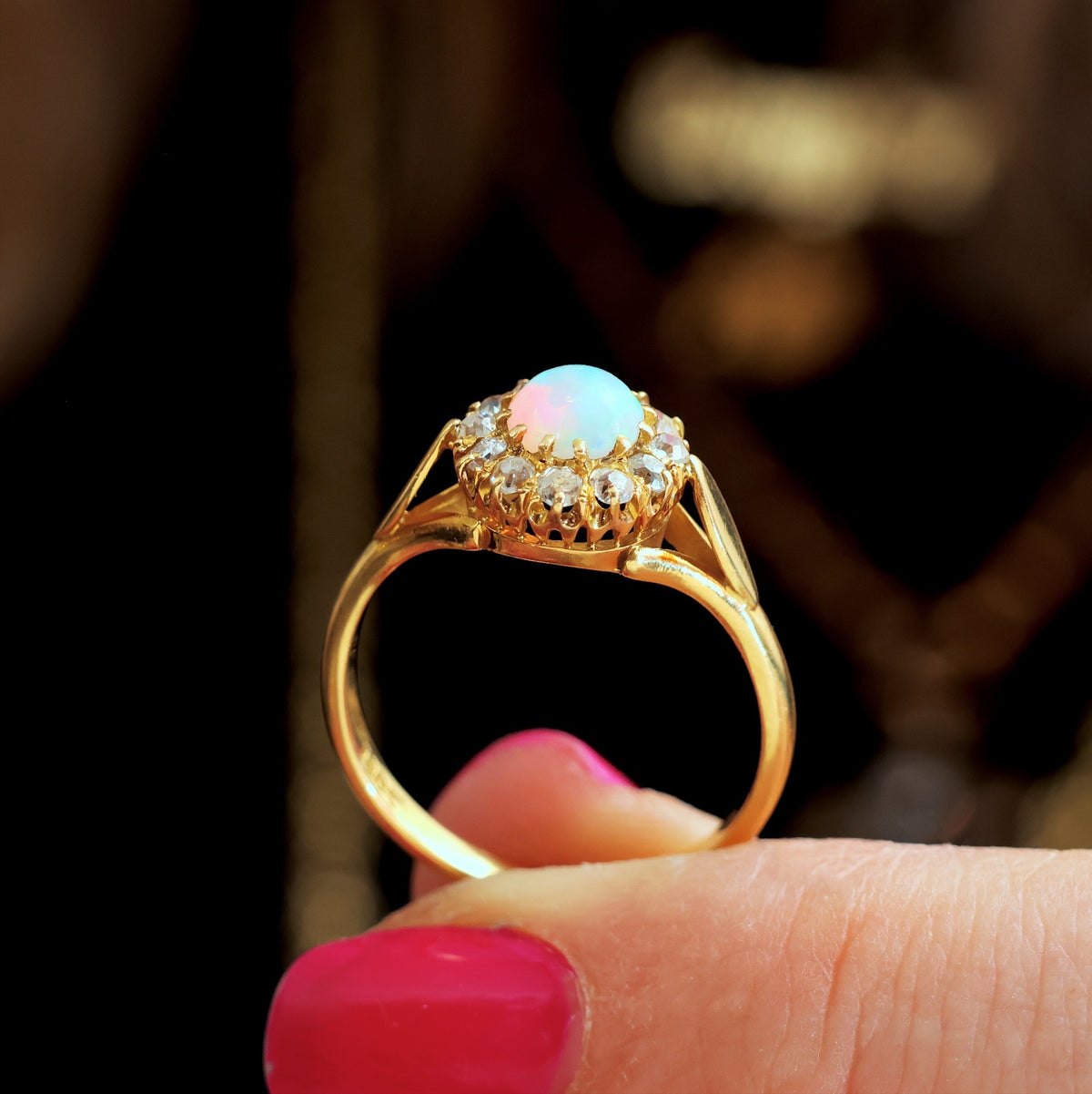 Antique Crystal Opal & Diamond Flowerette Ring