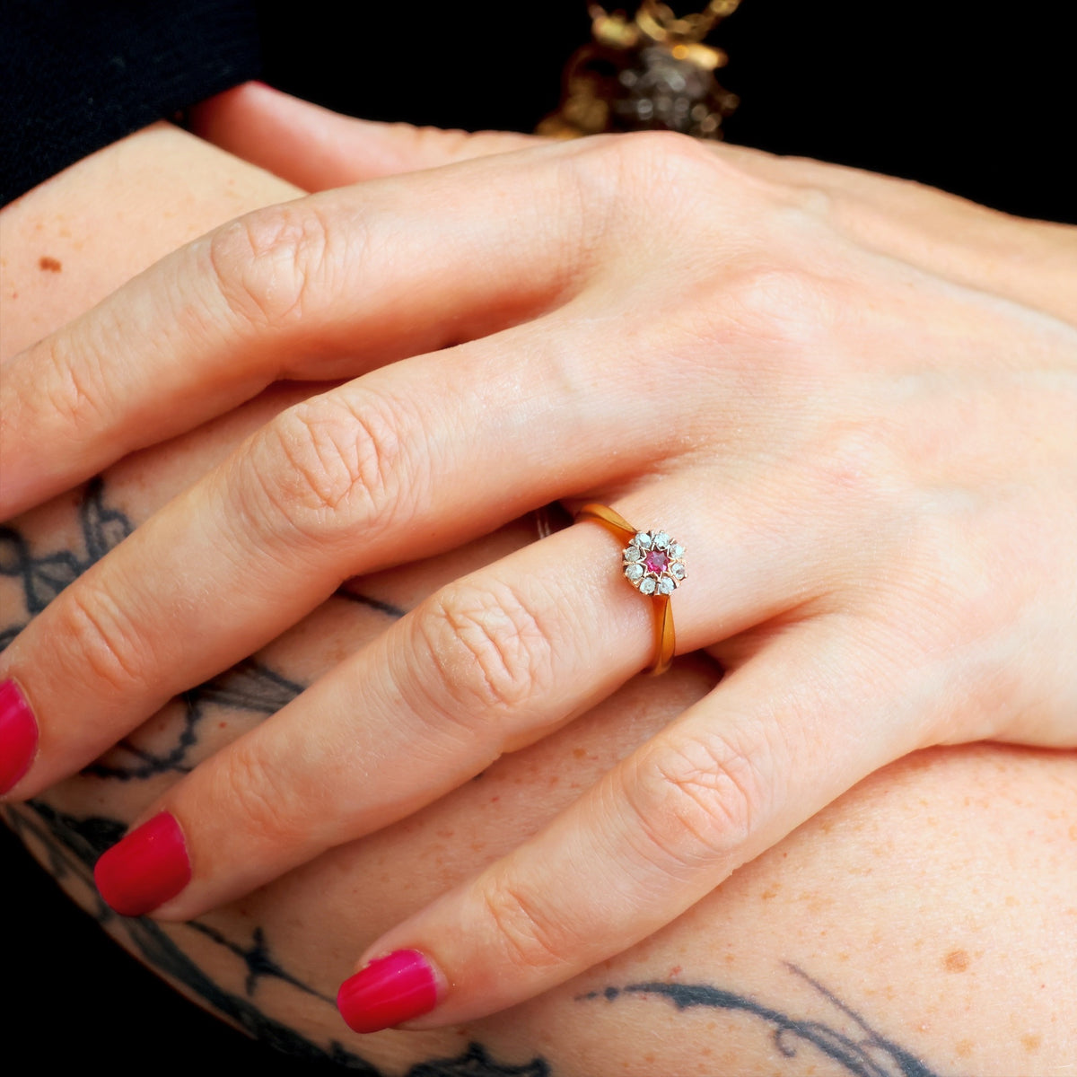 Dainty Little Vintage Ruby & Diamond Flowerette Ring