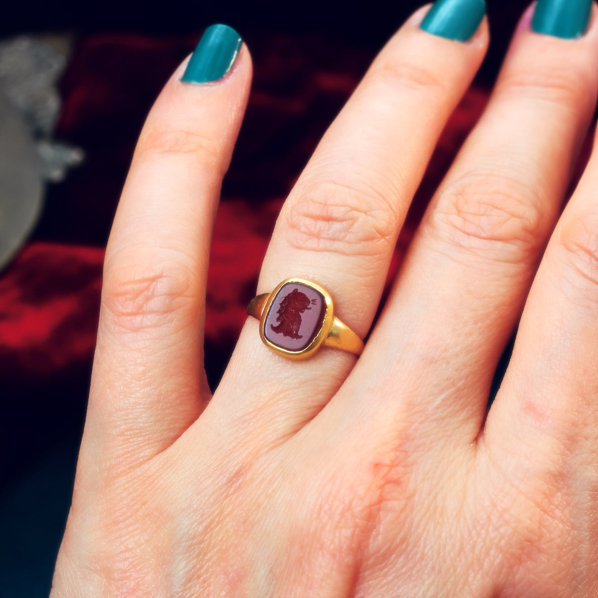 Antique Carnelian Lion Intaglio Signet Ring