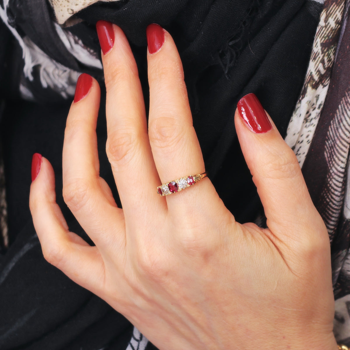 Date 1890 Carved Hoop Ruby & Diamond Engagement Ring