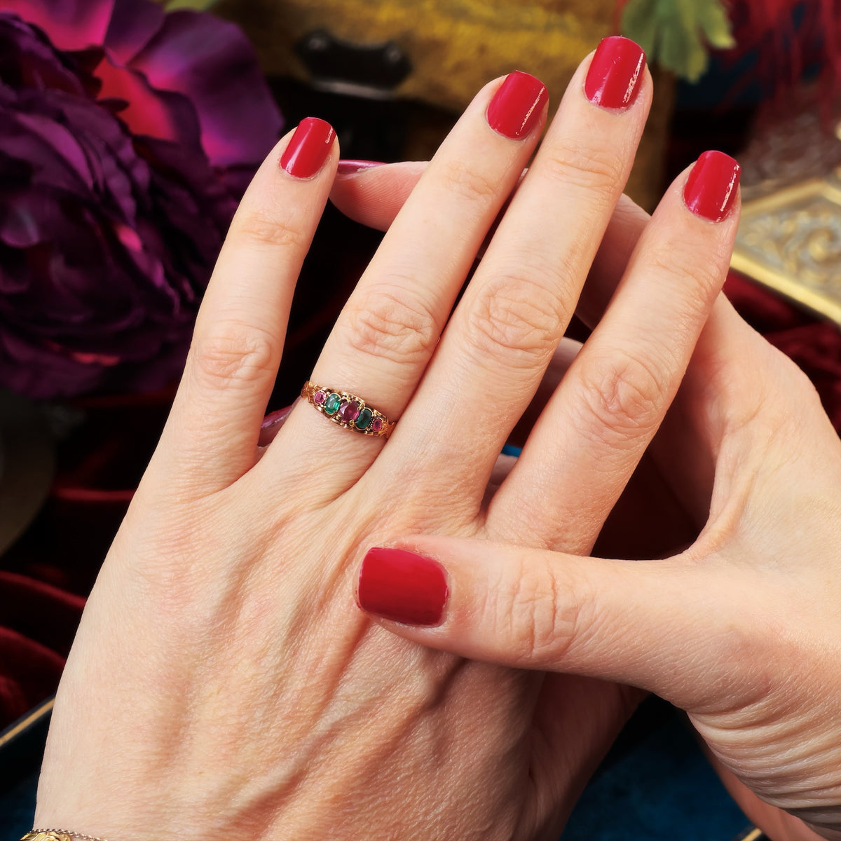 Enchanting Victorian Ruby & Emerald Canetille Ring