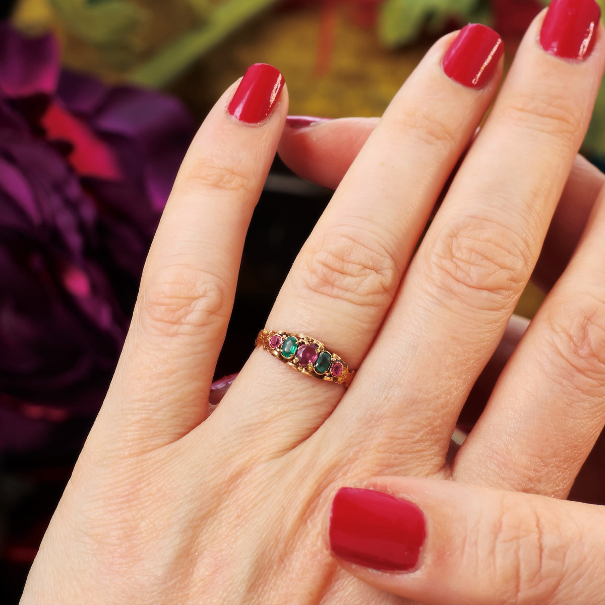 Enchanting Victorian Ruby & Emerald Canetille Ring