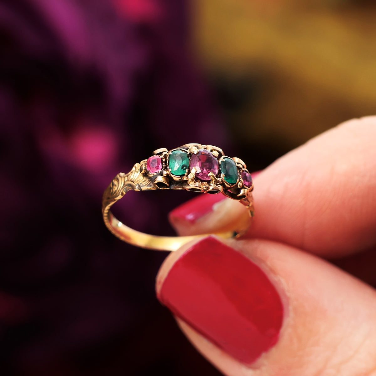 Enchanting Victorian Ruby & Emerald Canetille Ring