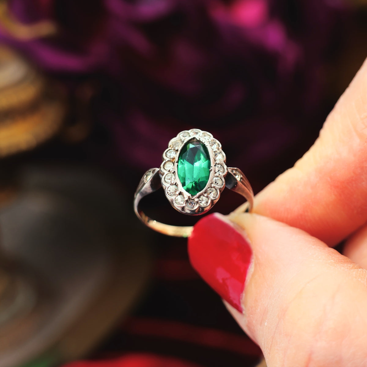 Vintage Art Deco Green Paste Cluster Dress Ring