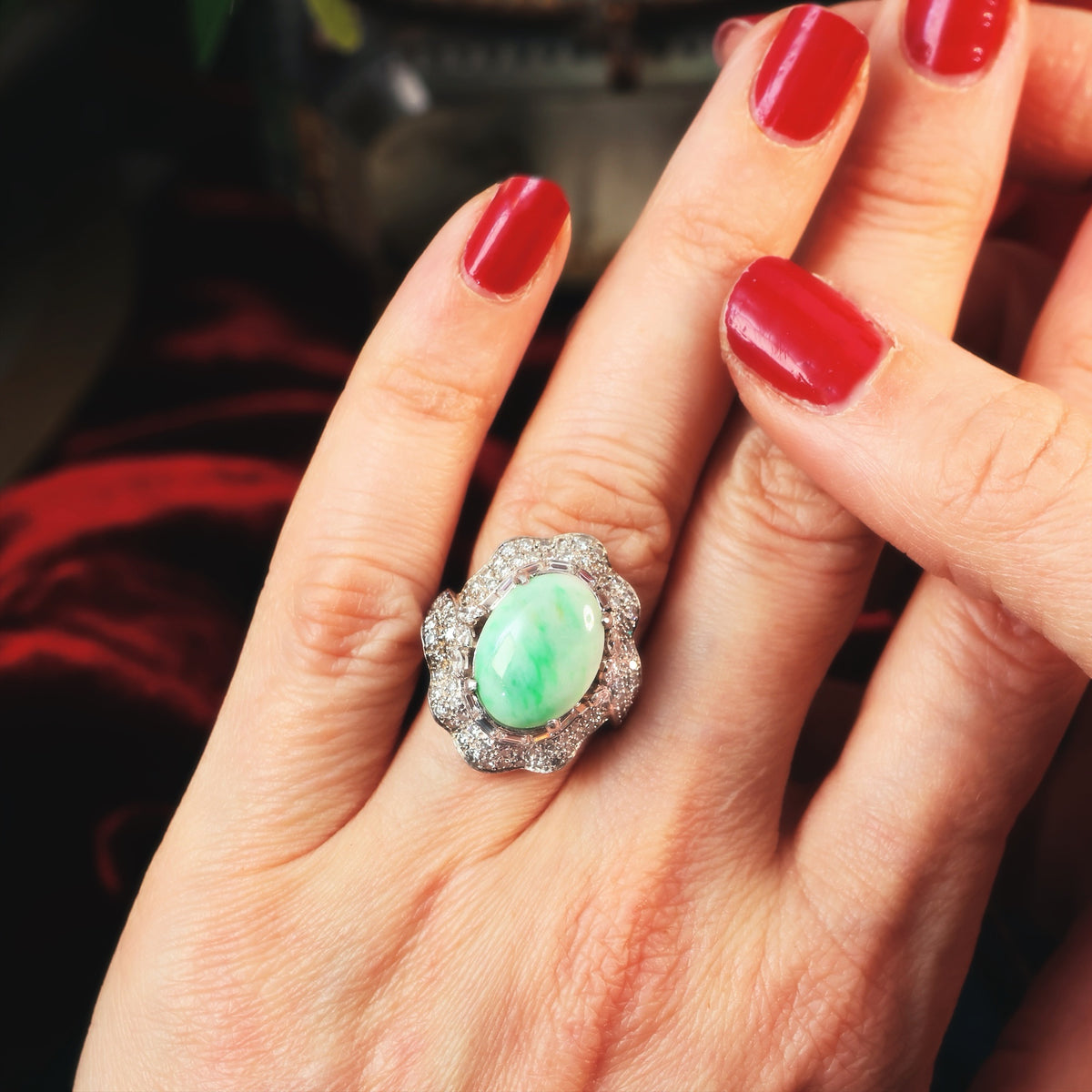 Vintage 1960's Moss in Snow Jadeite & Diamond Ballerina Ring