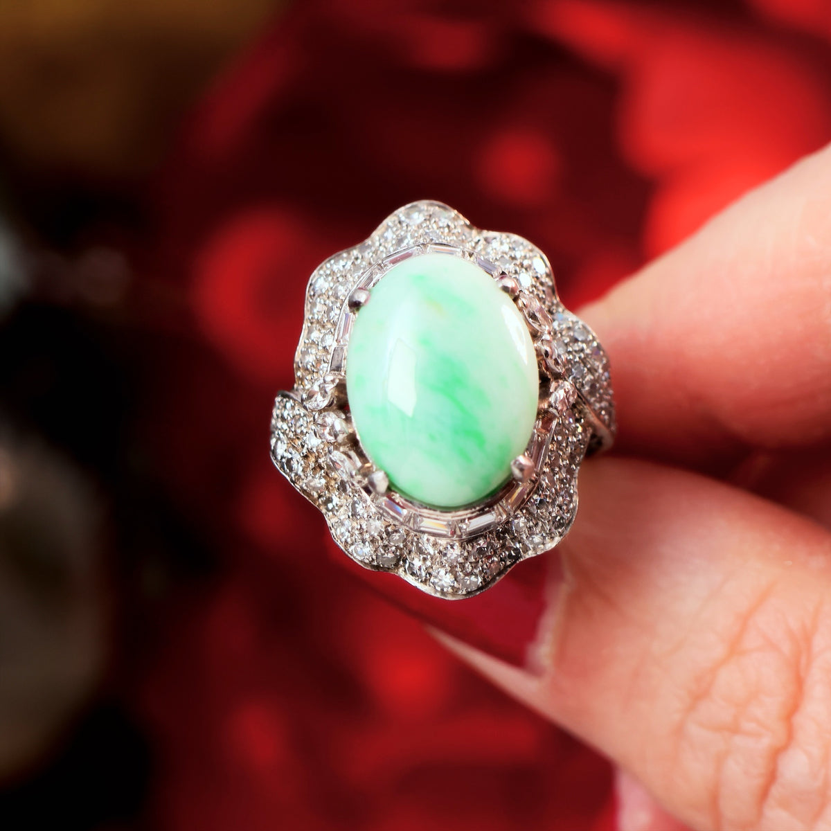 Vintage 1960's Moss in Snow Jadeite & Diamond Ballerina Ring