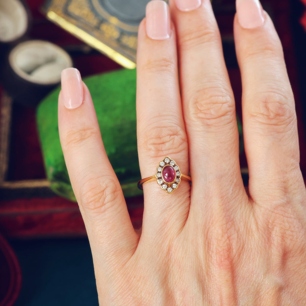 Divine Quality Cabochon Ruby & Diamond Cluster Ring