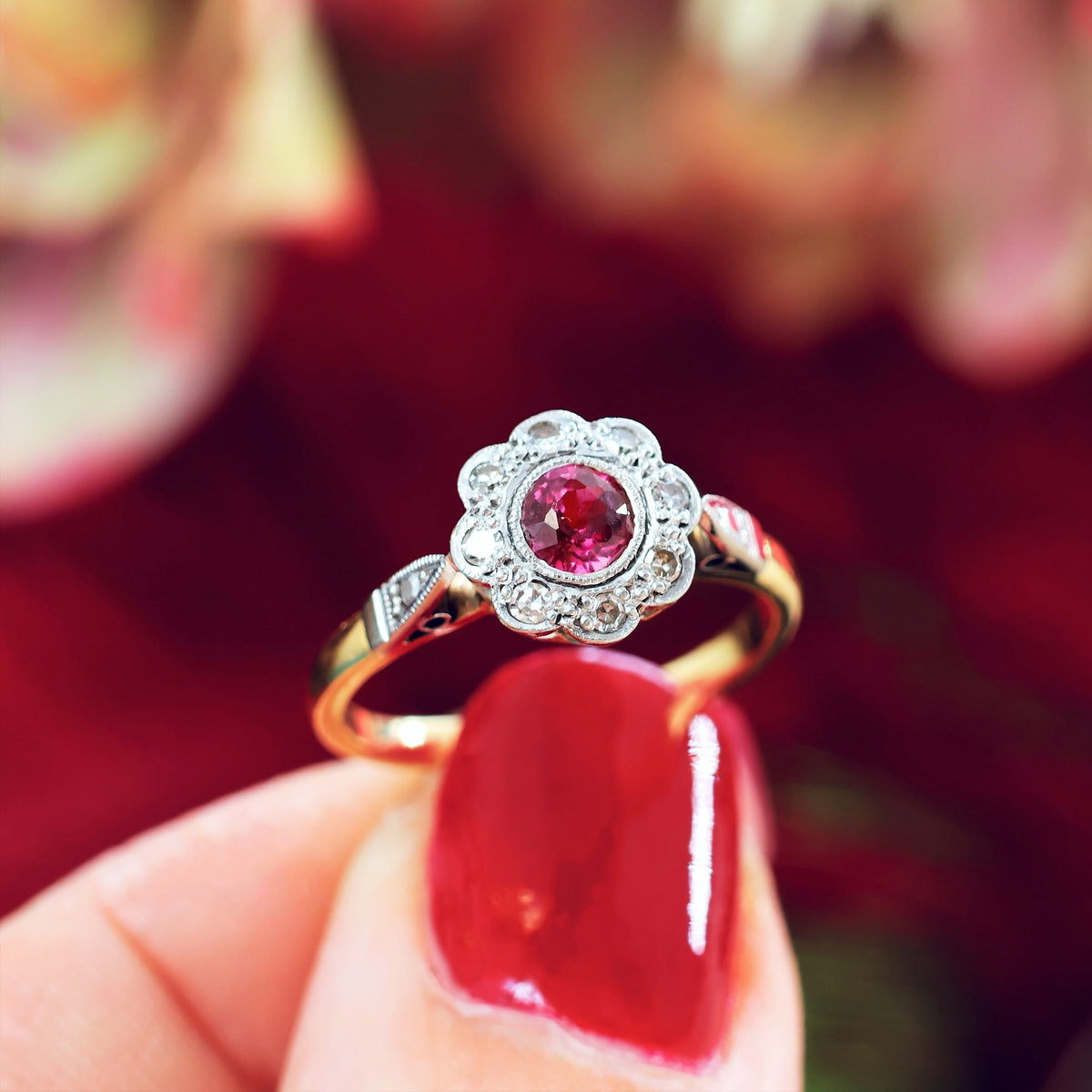 Vintage Romance! Ruby & Diamond Daisy Ring