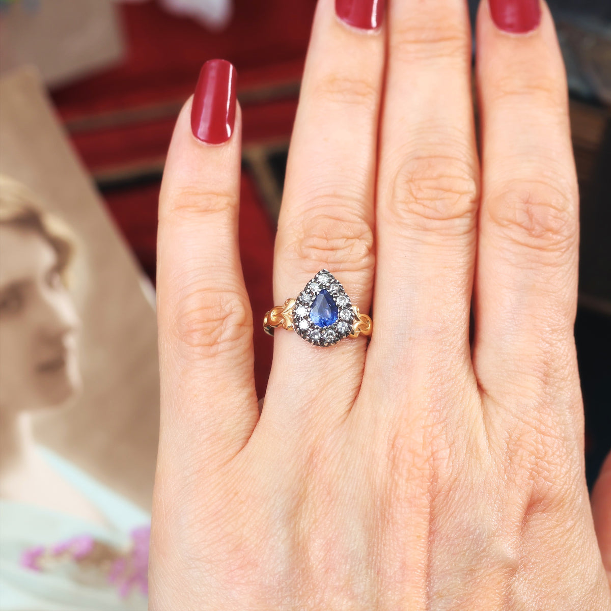 Georgian Styled Pear cut Sapphire & Diamond Ring