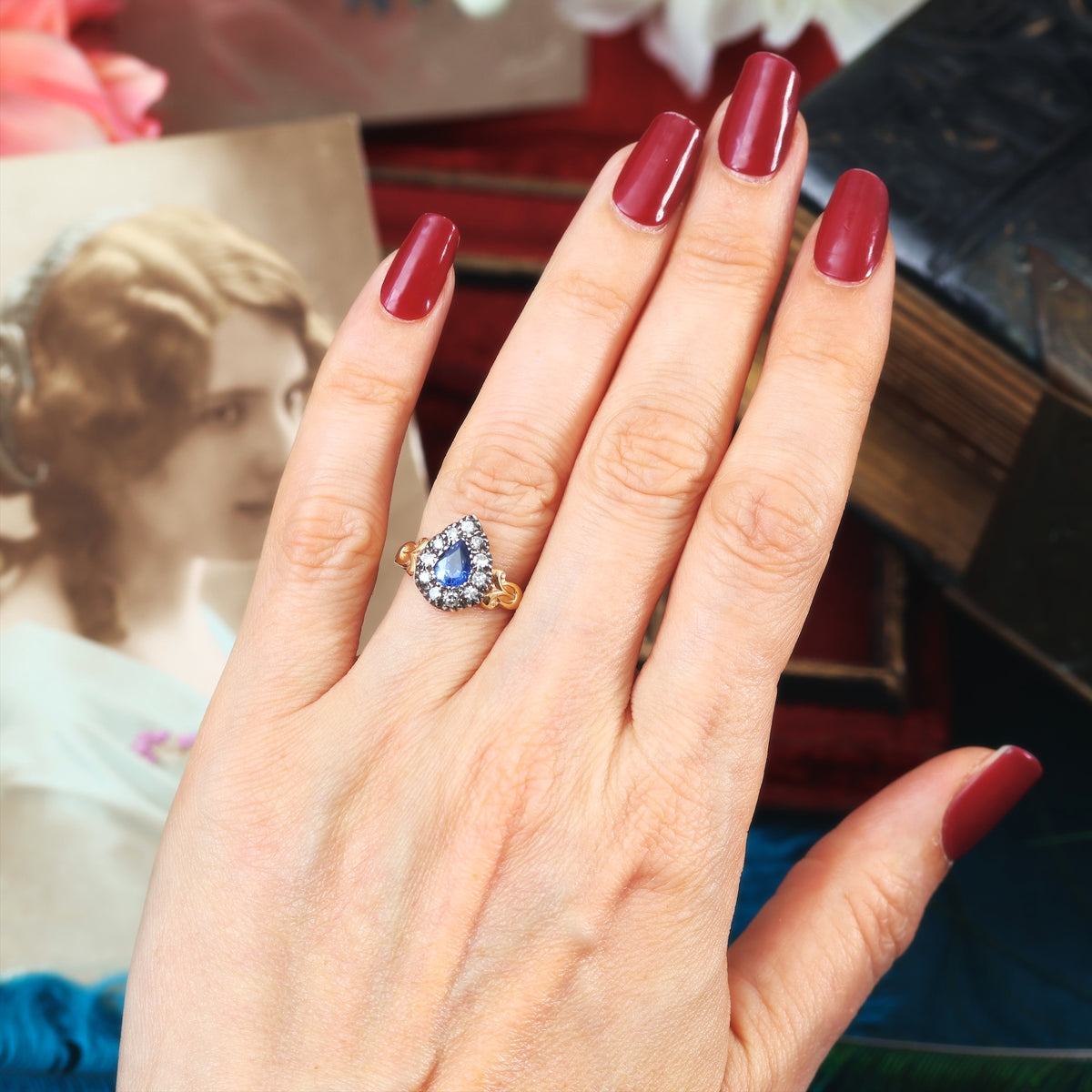 Georgian Styled Pear cut Sapphire & Diamond Ring