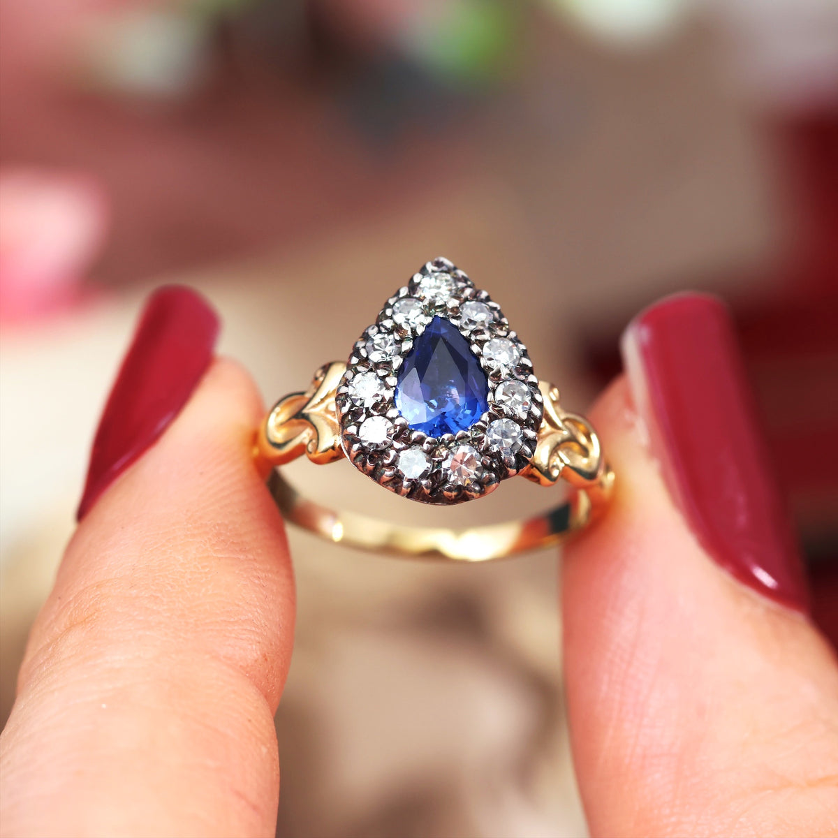 Georgian Styled Pear cut Sapphire & Diamond Ring