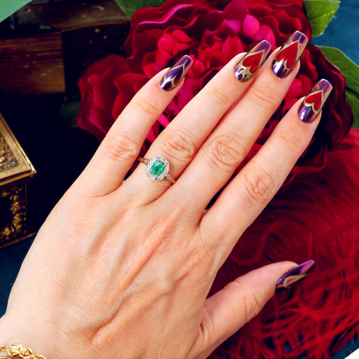 Vintage Floral Emerald & Diamond Cluster Ring