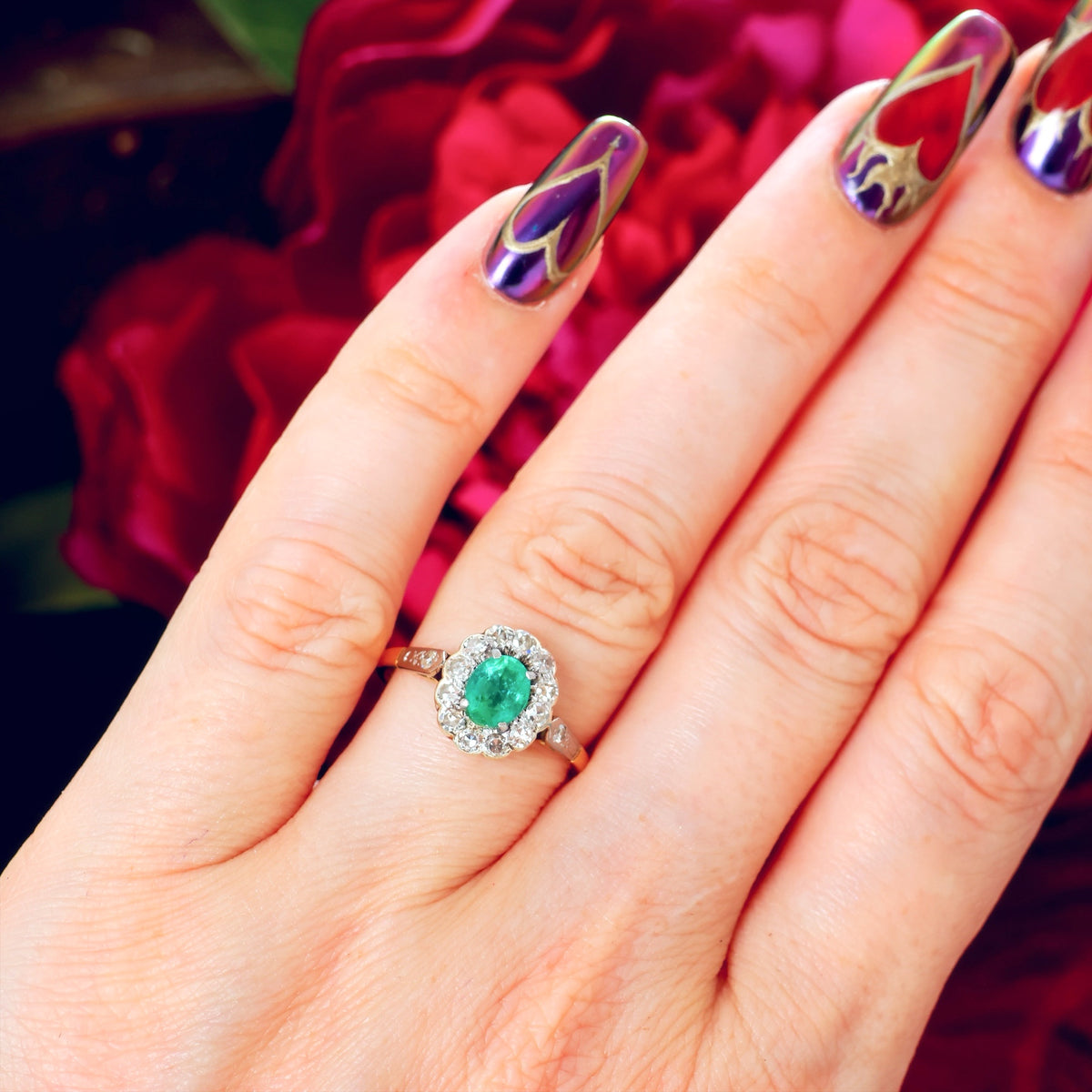 Vintage Floral Emerald & Diamond Cluster Ring