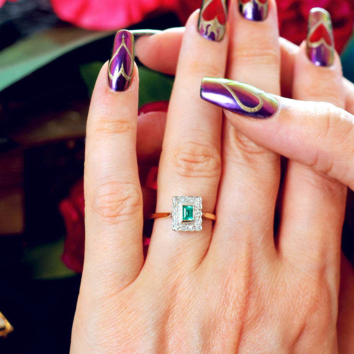 Vintage Art Deco Styled Emerald & Diamond Engagement Ring