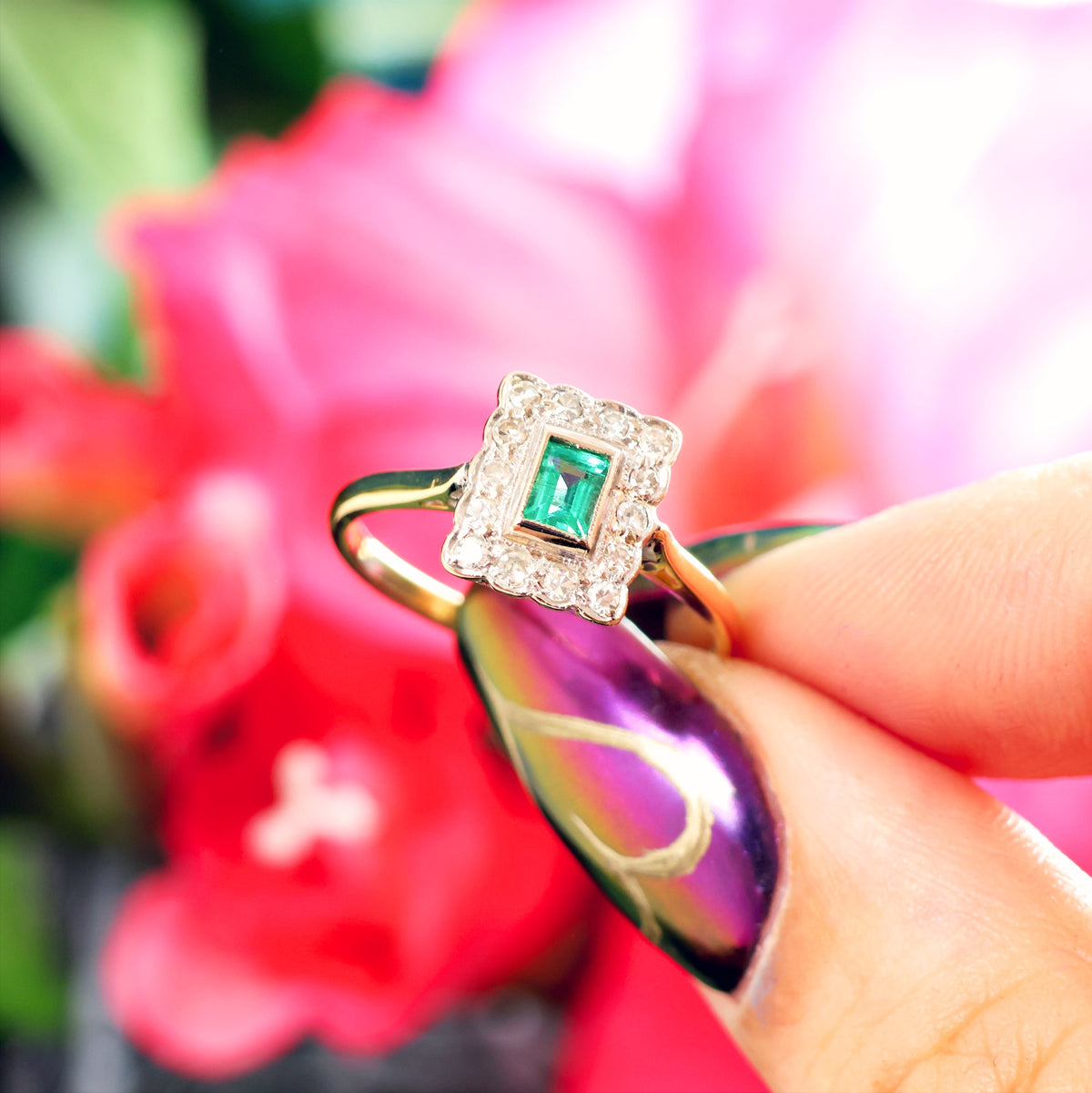 Vintage Art Deco Styled Emerald & Diamond Engagement Ring