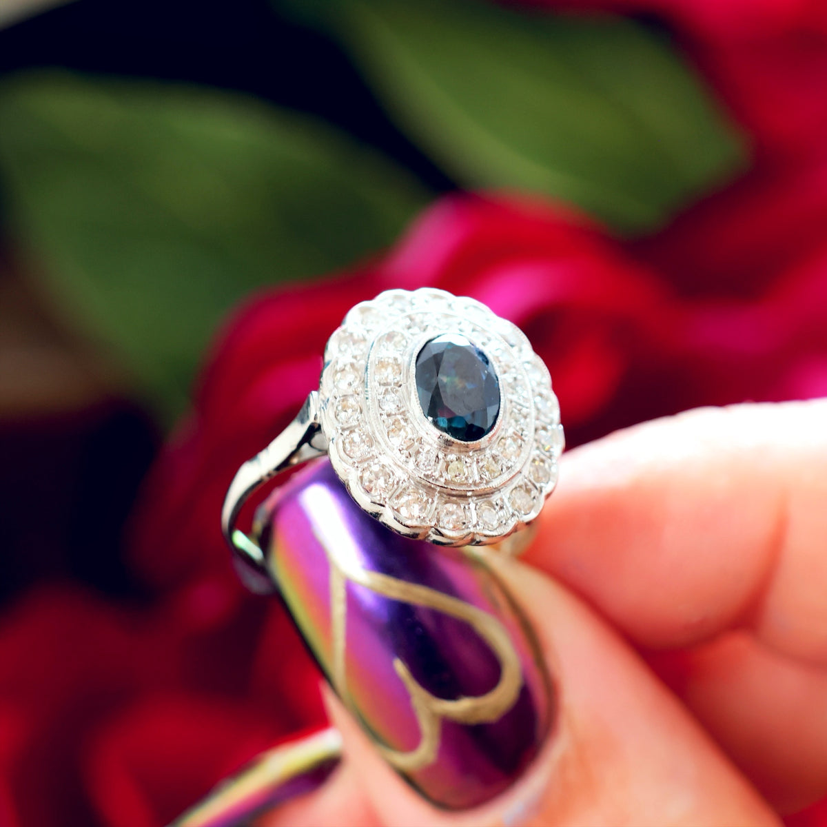 Drama Queen! Vintage Sapphire & Diamond Cluster Cocktail Ring