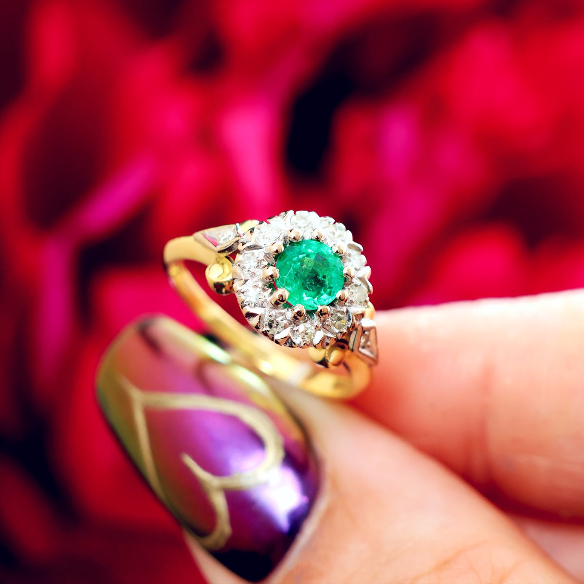 Vintage Date 1969 Emerald & Diamond Floral Engagement Ring