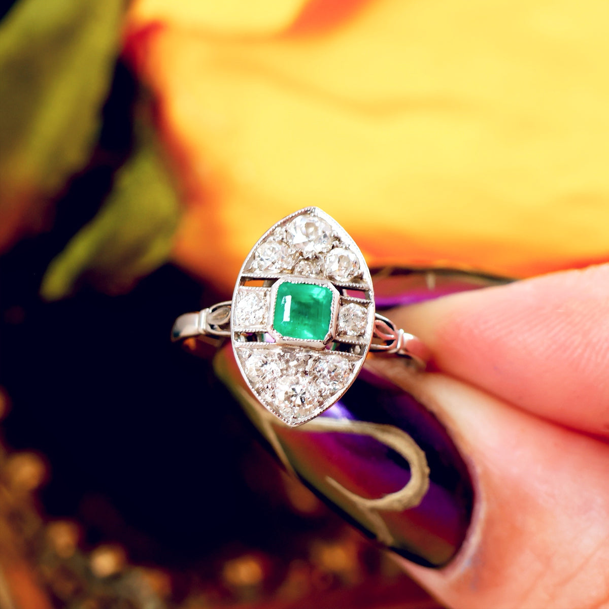 All Original Vintage Art Deco Emerald & Diamond Ring