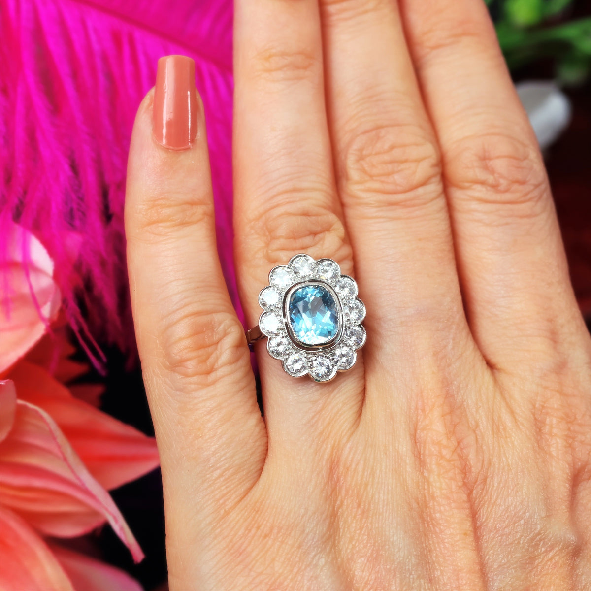 Uber-Glam French Aquamarine & Diamond Cluster Cocktail Ring