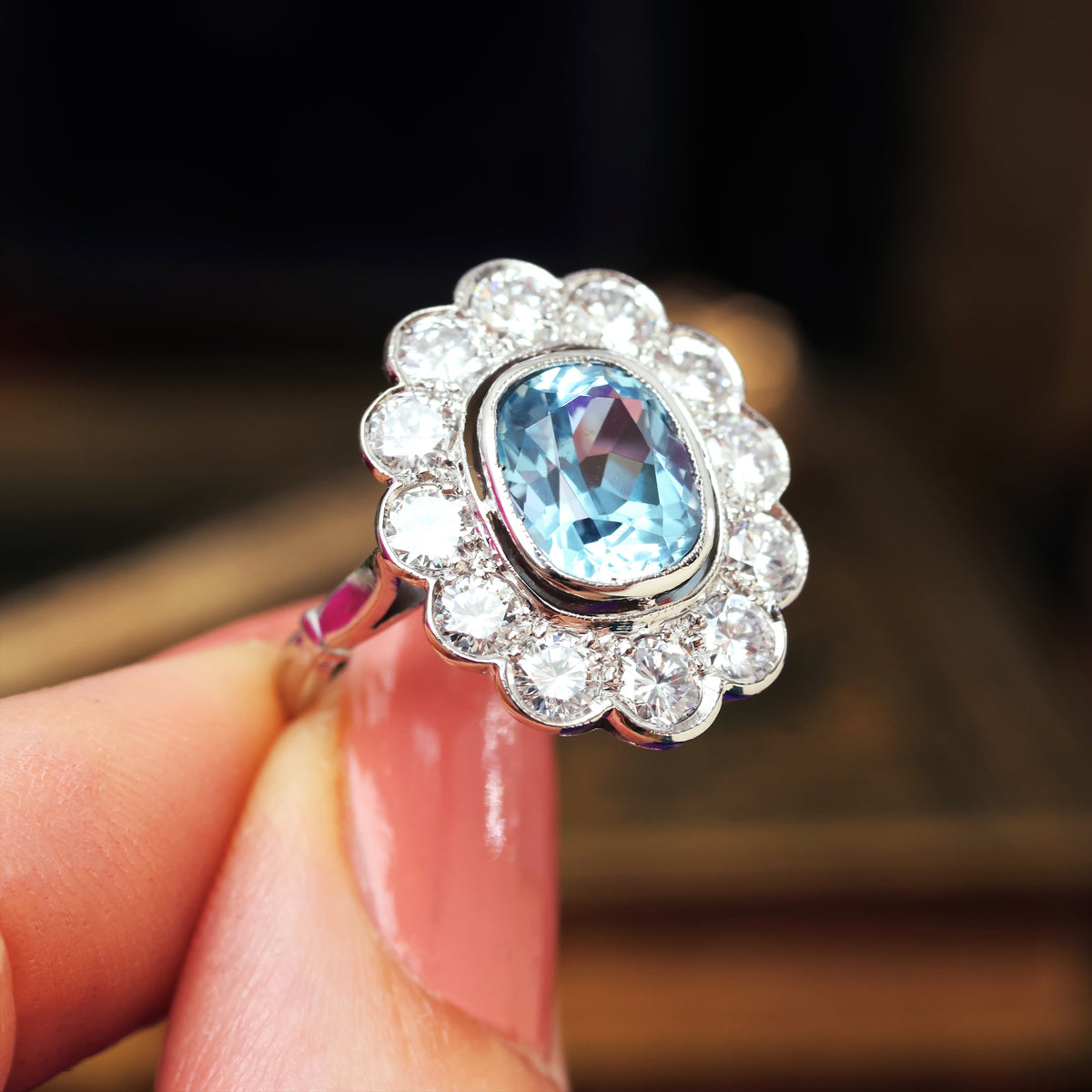 Uber-Glam French Aquamarine & Diamond Cluster Cocktail Ring