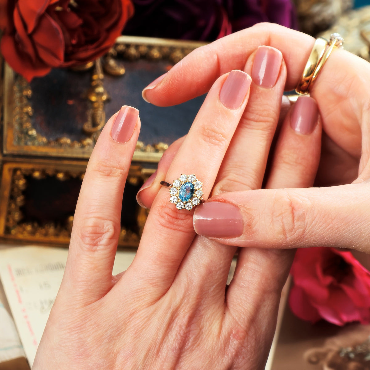 Date 1974 Aquamarine & Diamond Cluster Cocktail Ring