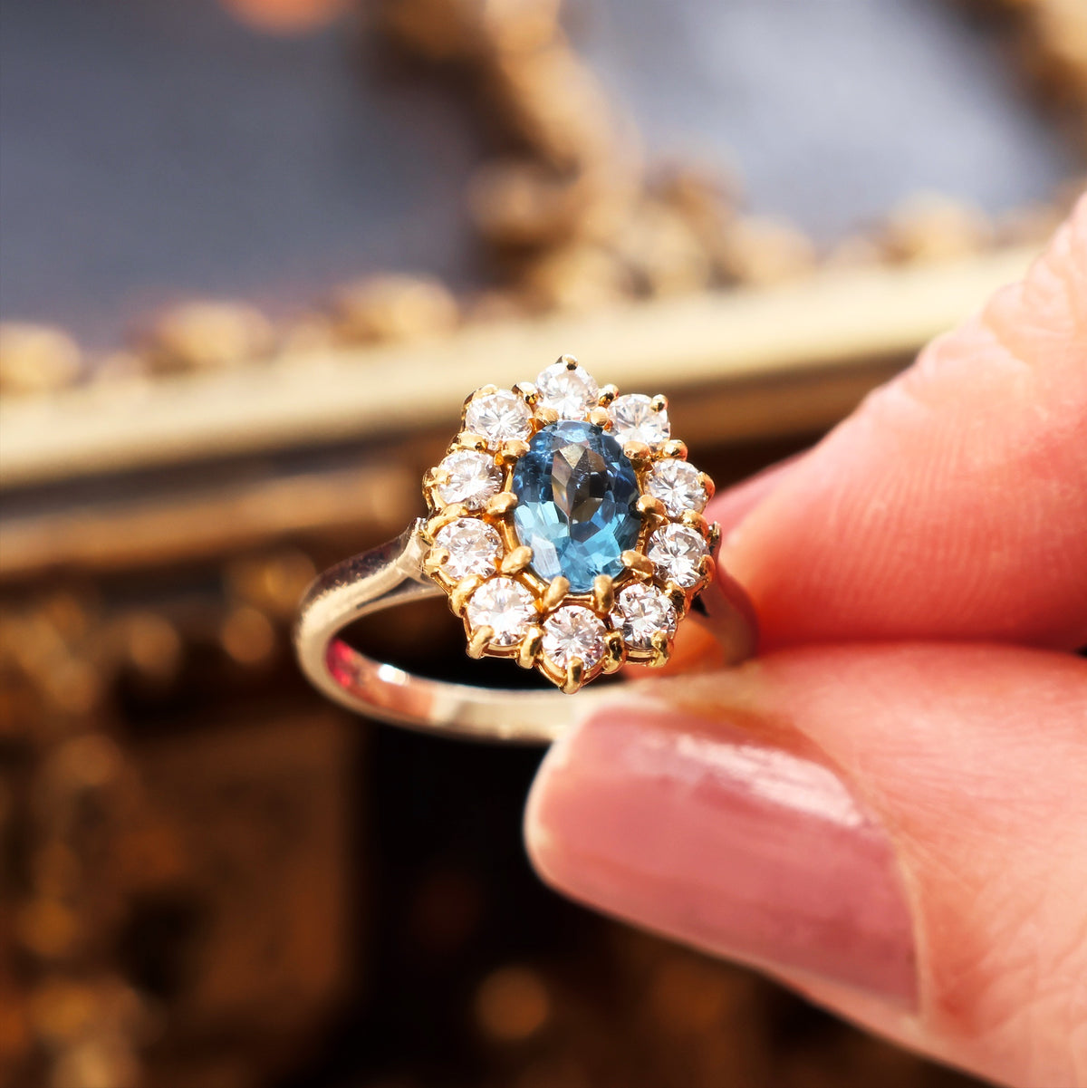 Date 1974 Aquamarine & Diamond Cluster Cocktail Ring