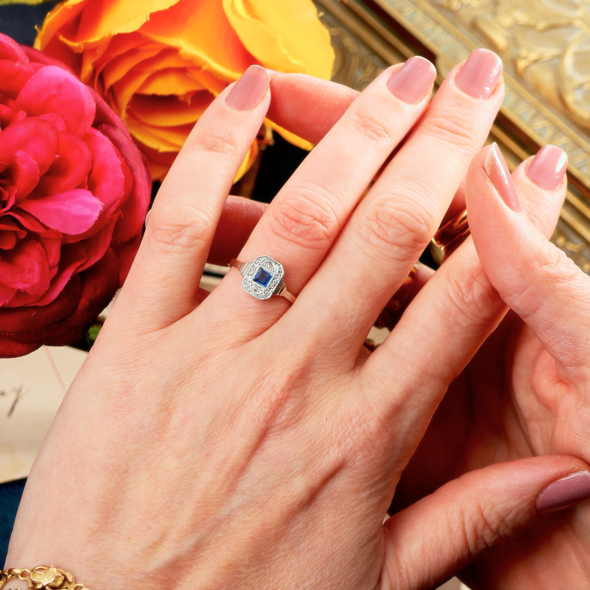 Pristine Art Deco Sapphire & Diamond Cluster Ring