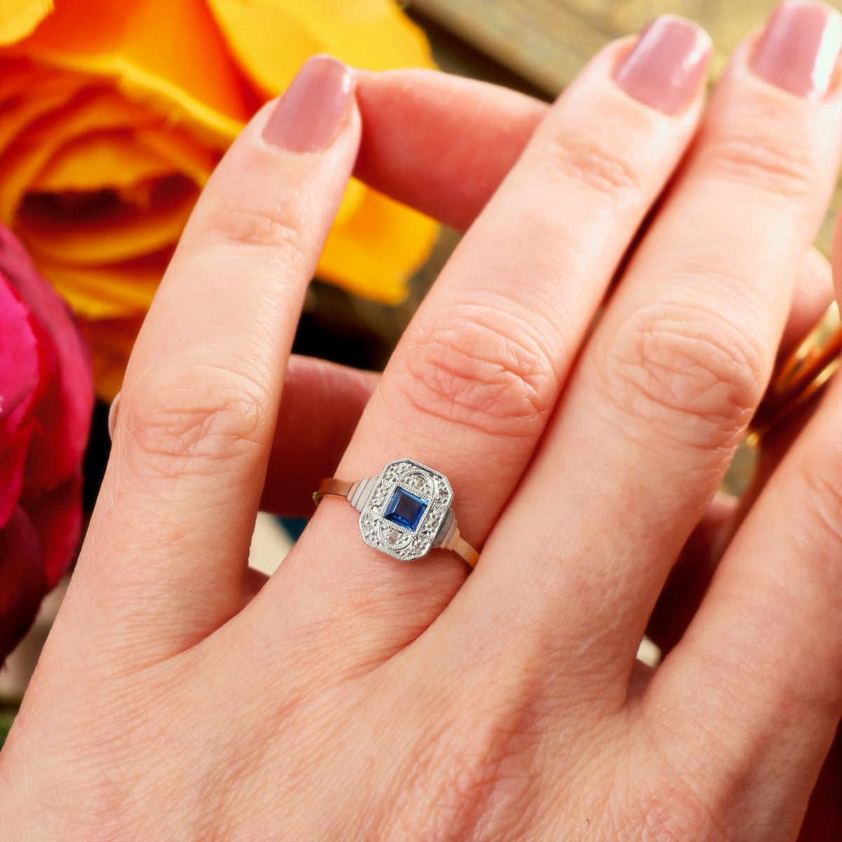 Pristine Art Deco Sapphire & Diamond Cluster Ring