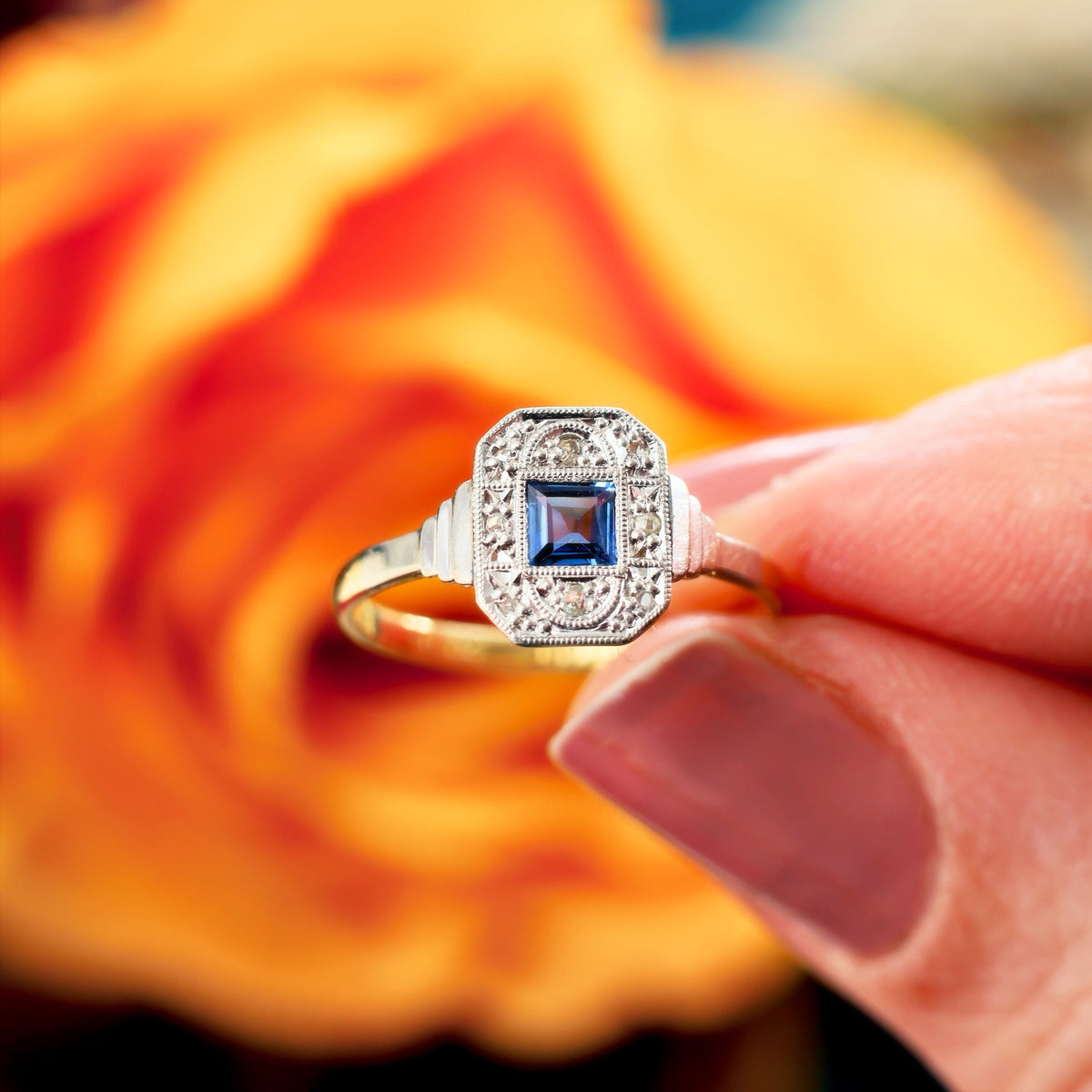 Pristine Art Deco Sapphire & Diamond Cluster Ring