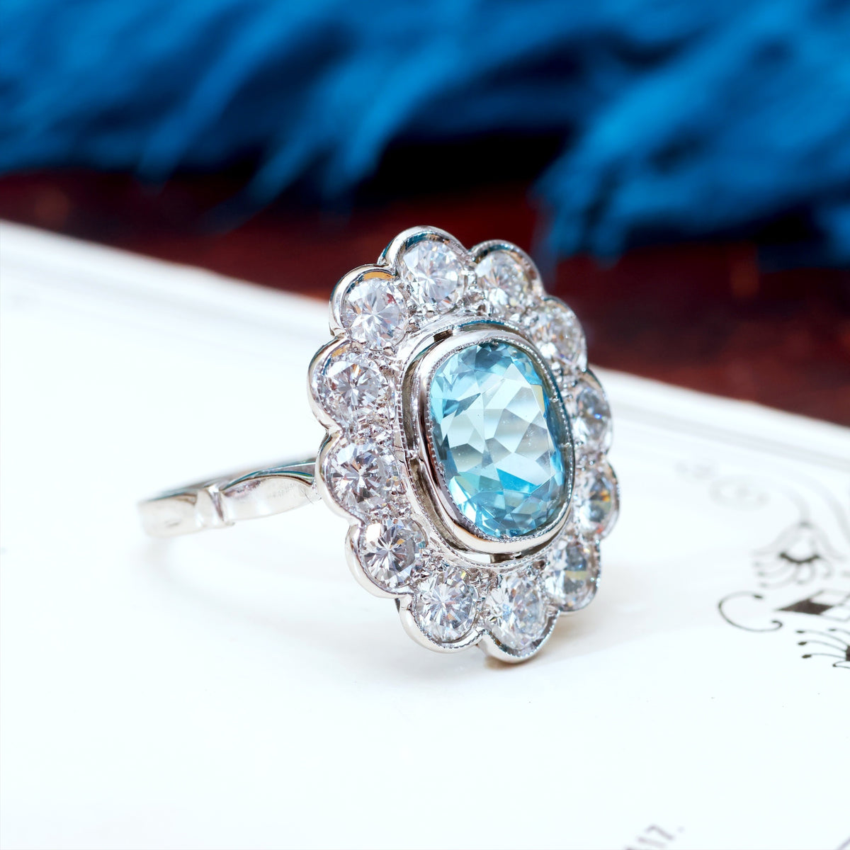 Uber-Glam French Aquamarine & Diamond Cluster Cocktail Ring