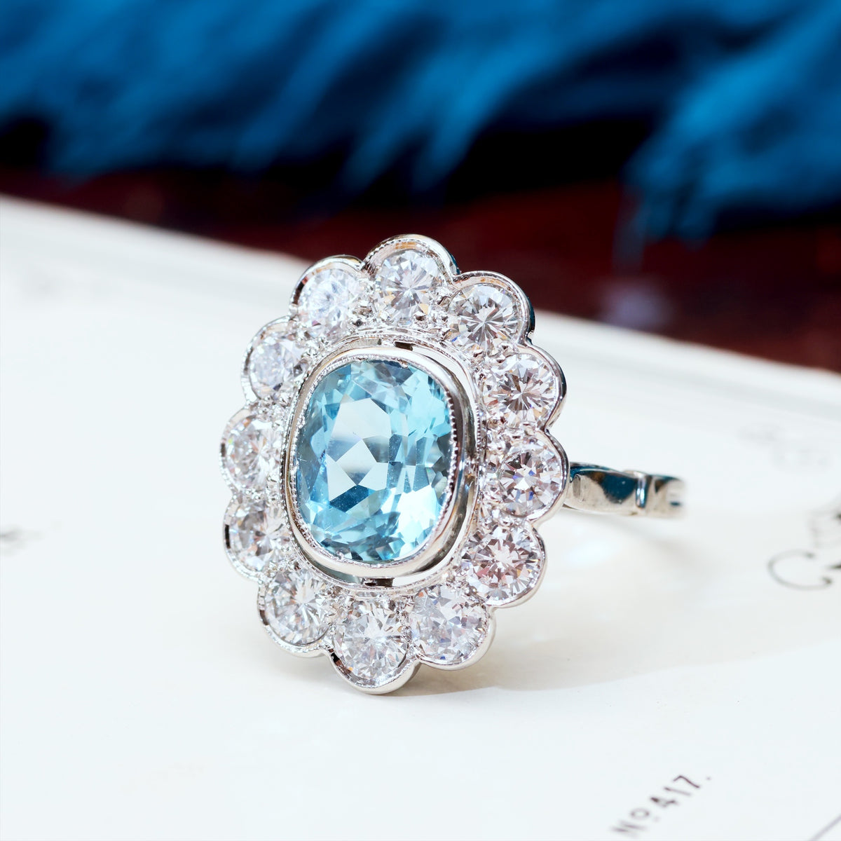 Uber-Glam French Aquamarine & Diamond Cluster Cocktail Ring