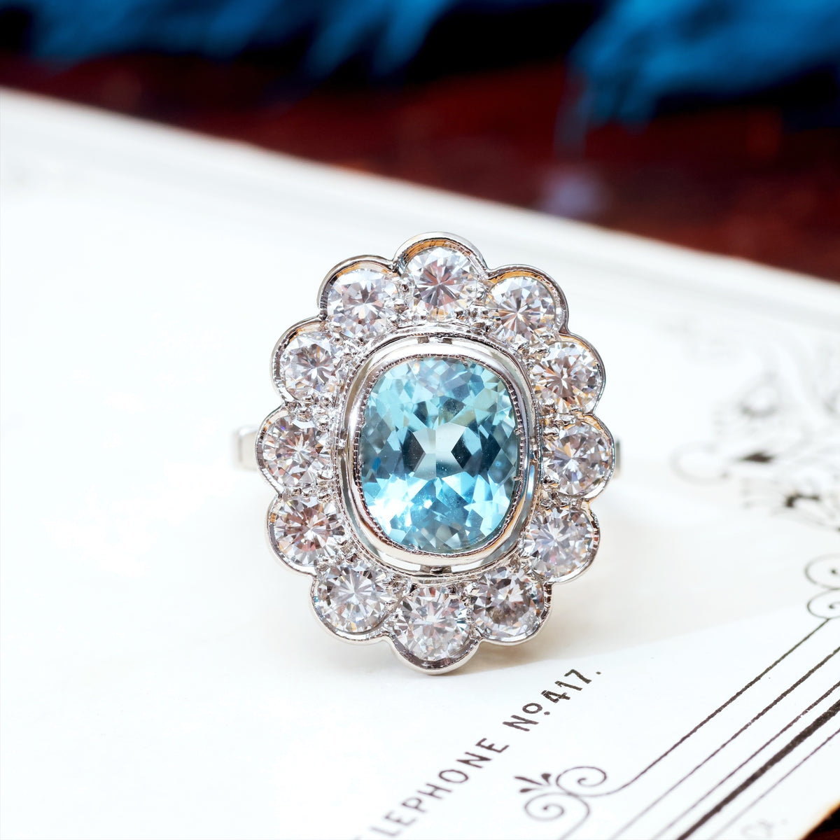 Vintage French Aquamarine & Diamond Cluster Cocktail Ring