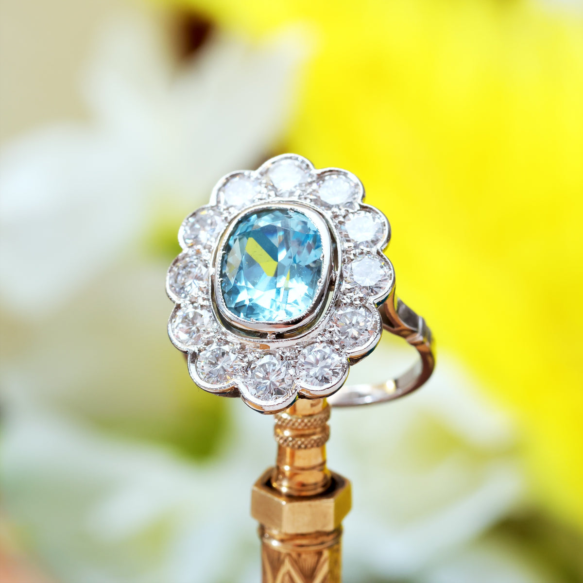 Uber-Glam French Aquamarine & Diamond Cluster Cocktail Ring