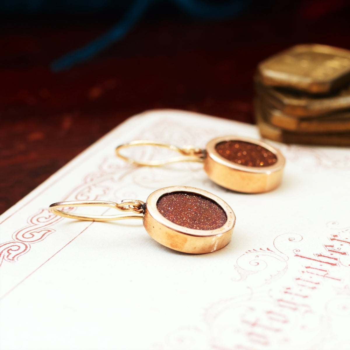 Vintage 9ct Gold & Goldstone Drop Earrings