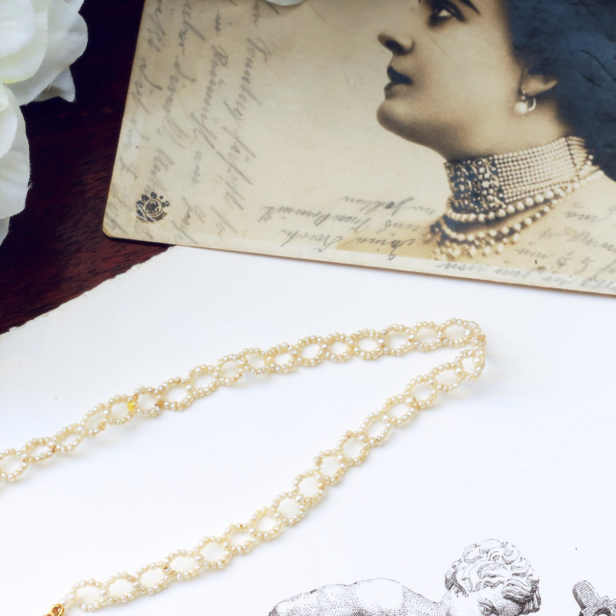 Georgian Natural Seed Pearl Woven Chain Necklace