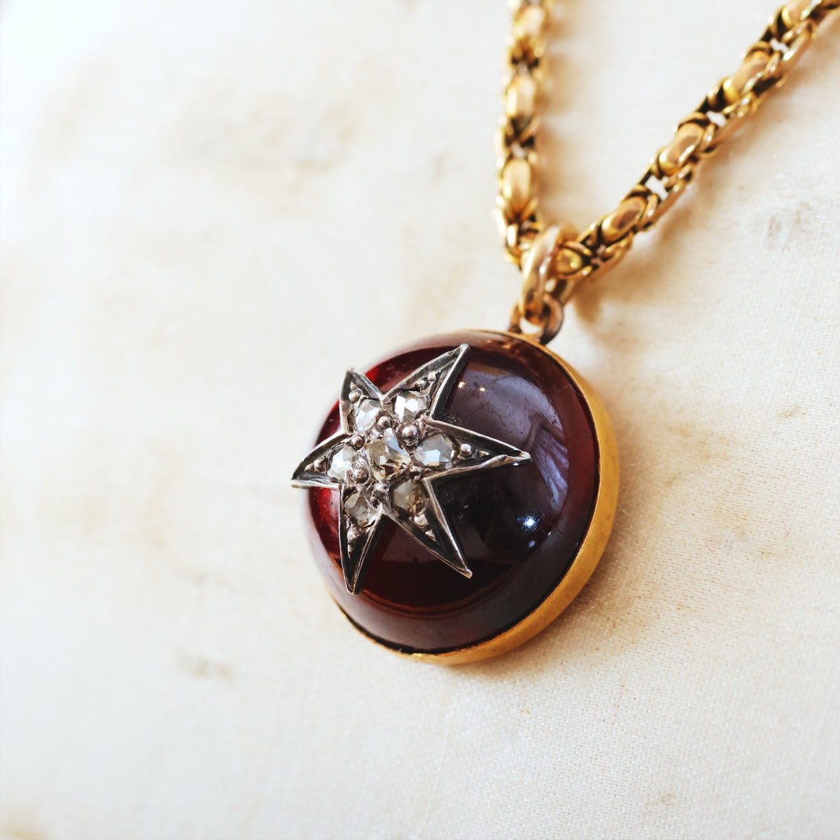 Antique Victorian Garnet Diamond Star Pendant & Chain