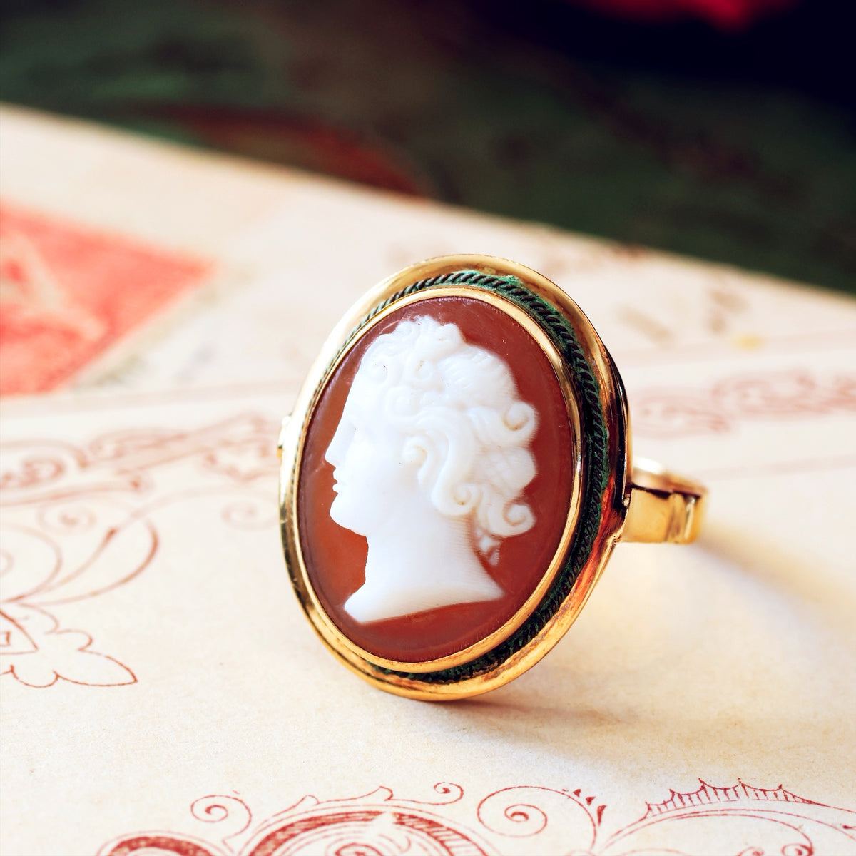 Vintage Hand Carved Romanesque Portrait Cameo Ring