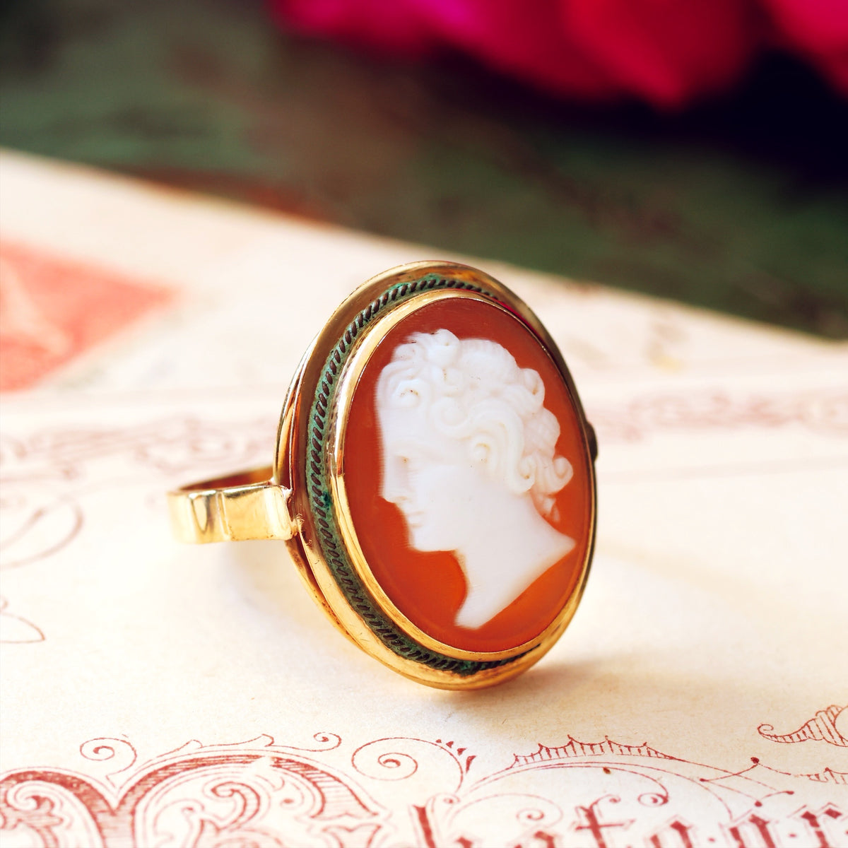 Vintage Hand Carved Romanesque Portrait Cameo Ring