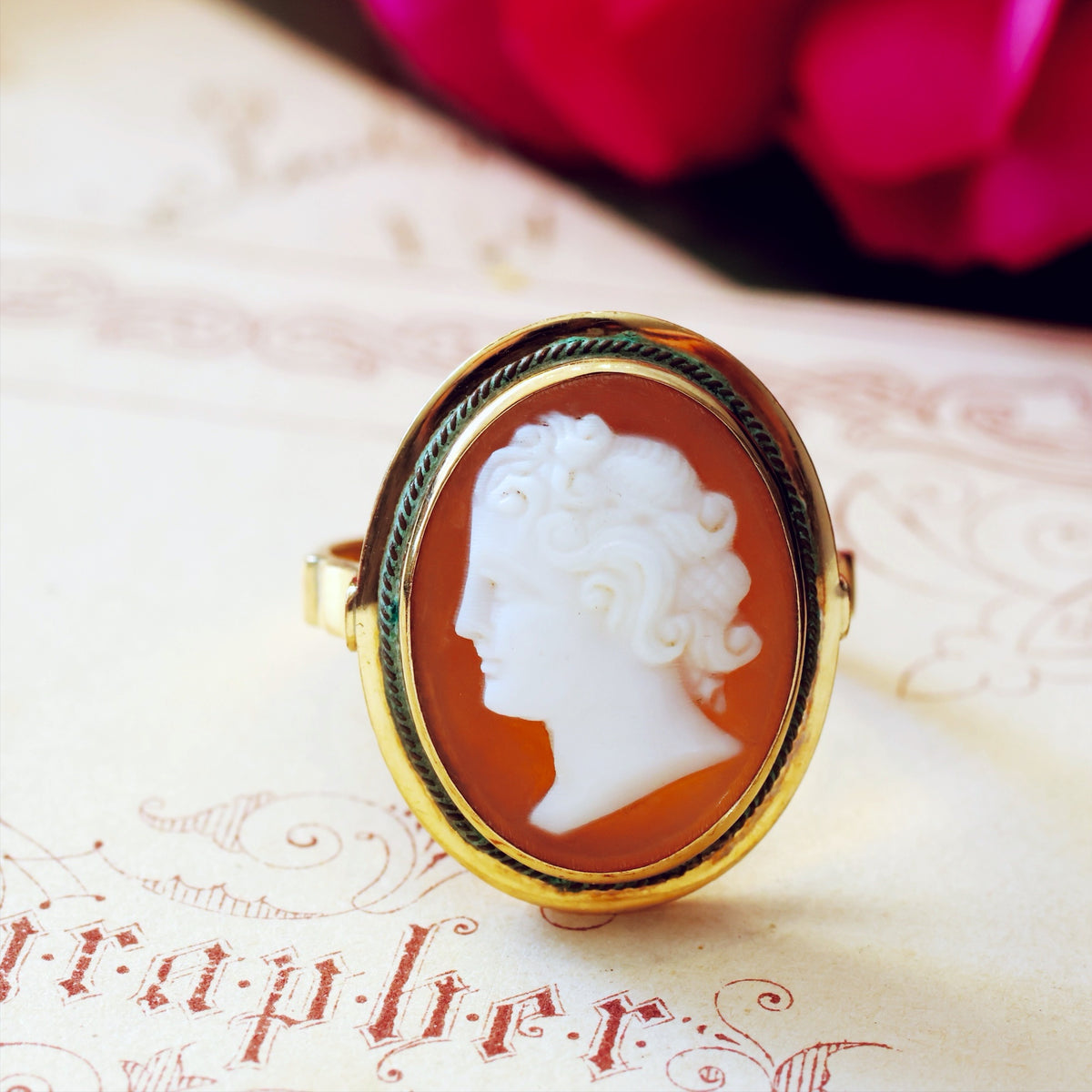 Vintage Hand Carved Romanesque Portrait Cameo Ring