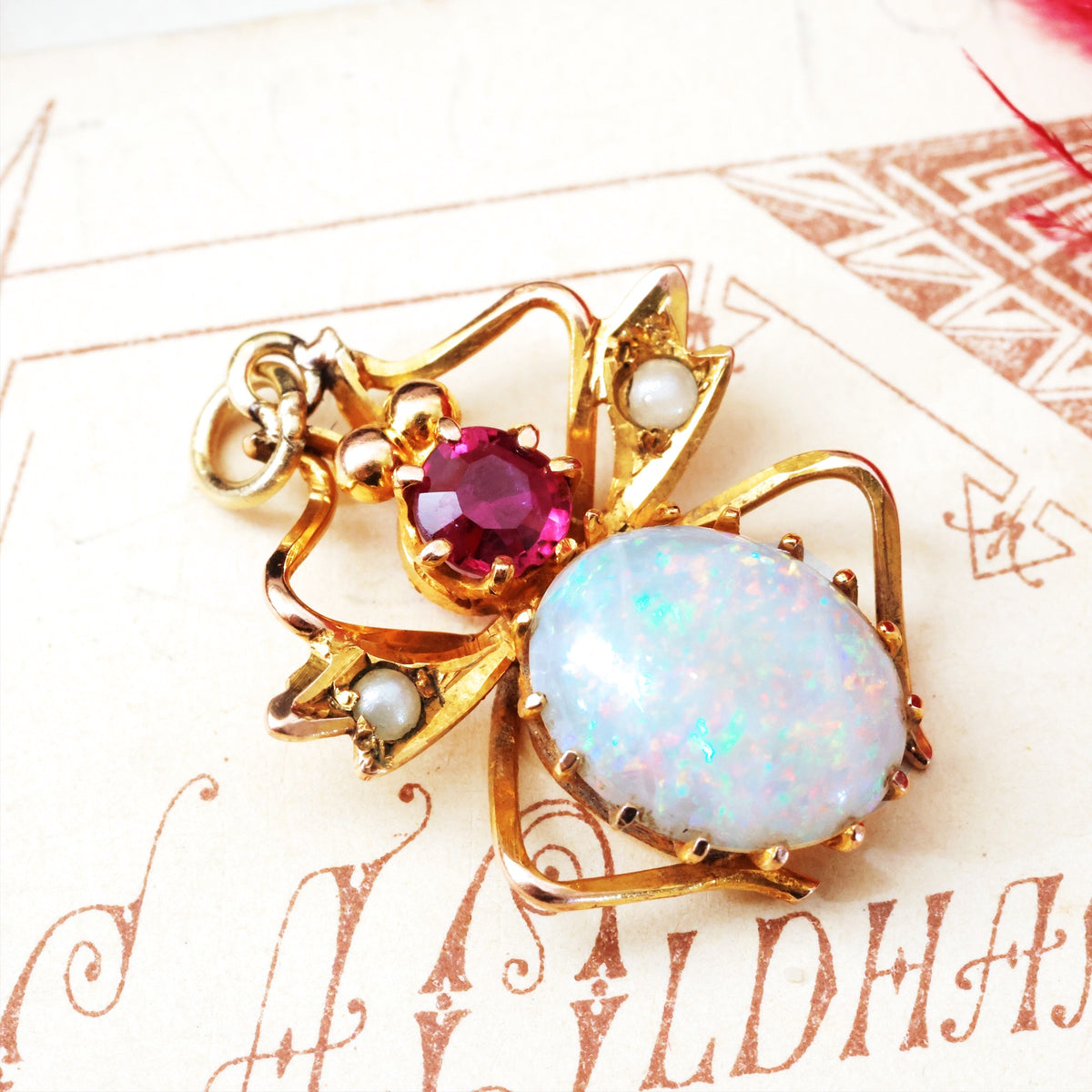 Antique Opal & Ruby Victorian Bug Pendant