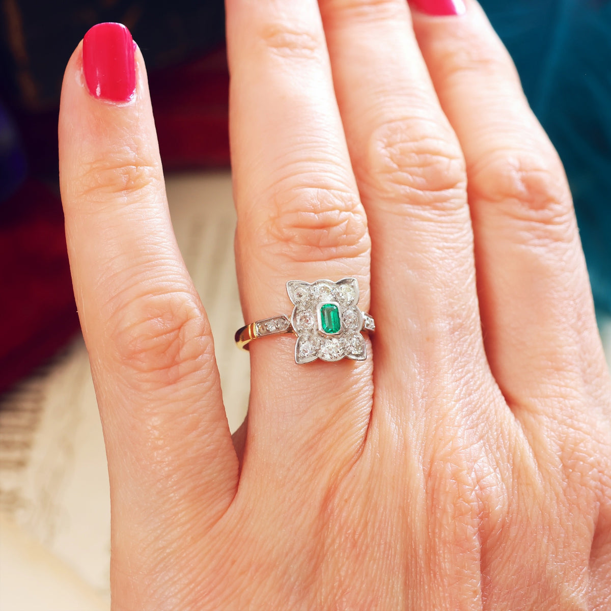 Vintage Emerald & Diamond Cluster Ring