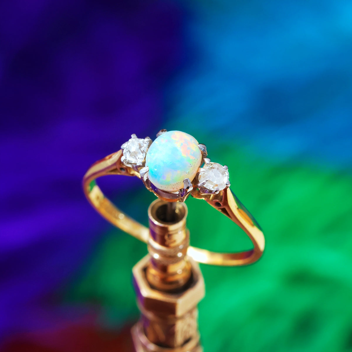 Vintage Rainbow Opal & Diamond Ring