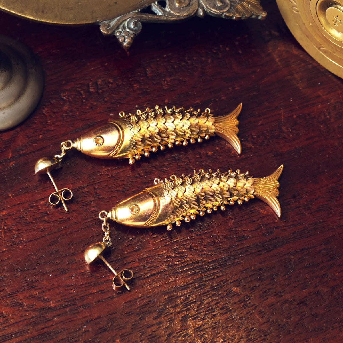 INCREDIBLE 14ct Gold Vintage Articulated Carp Fish Earrings