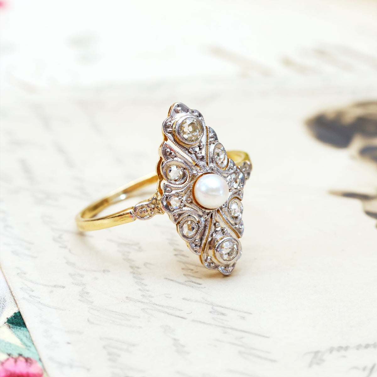 Antique Continental Diamond & Pearl Navette Dress Ring