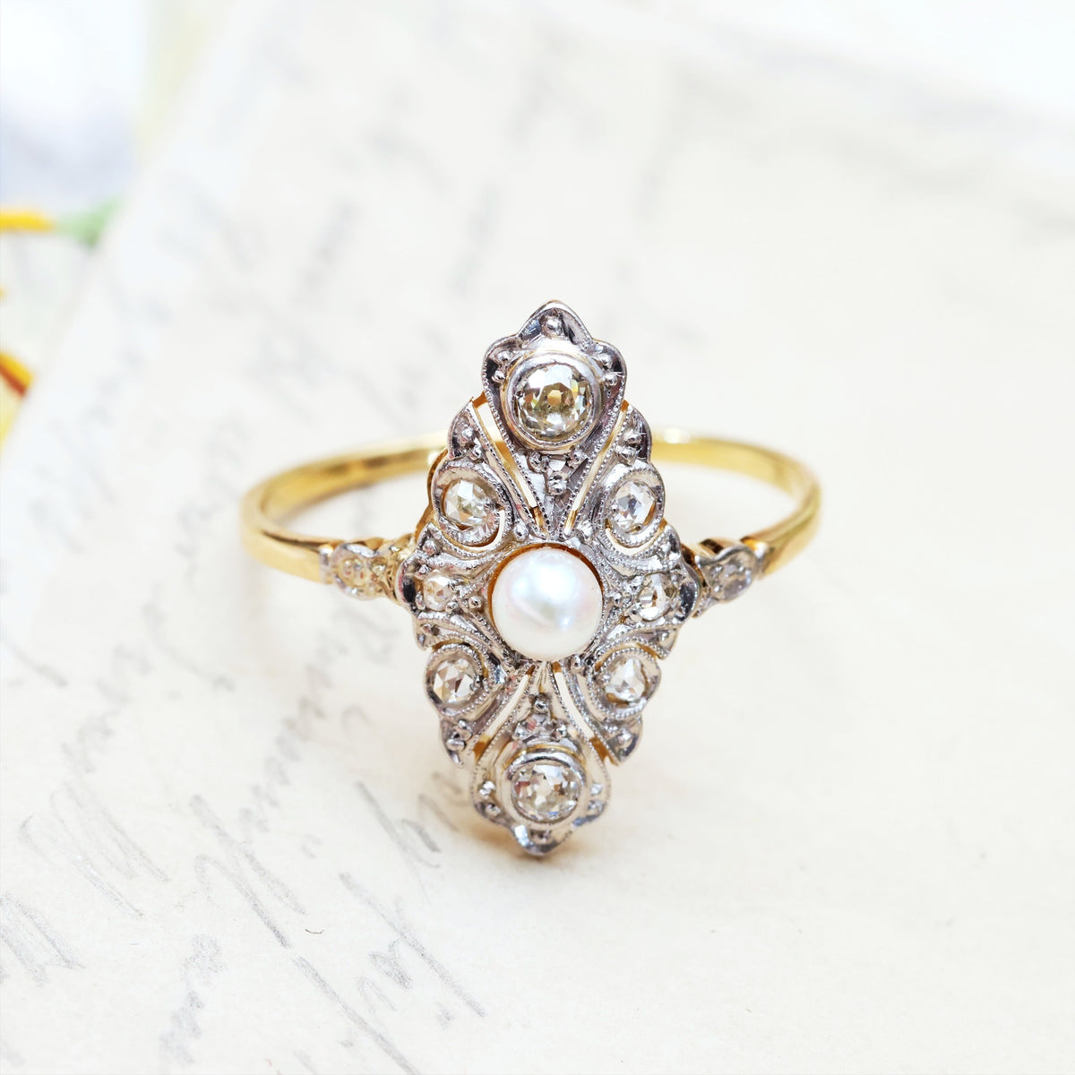 Antique Continental Diamond & Pearl Navette Dress Ring