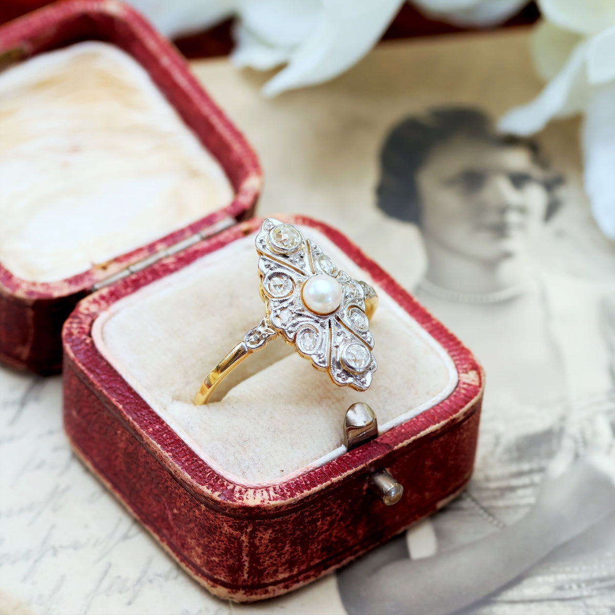 Antique Continental Diamond & Pearl Navette Dress Ring