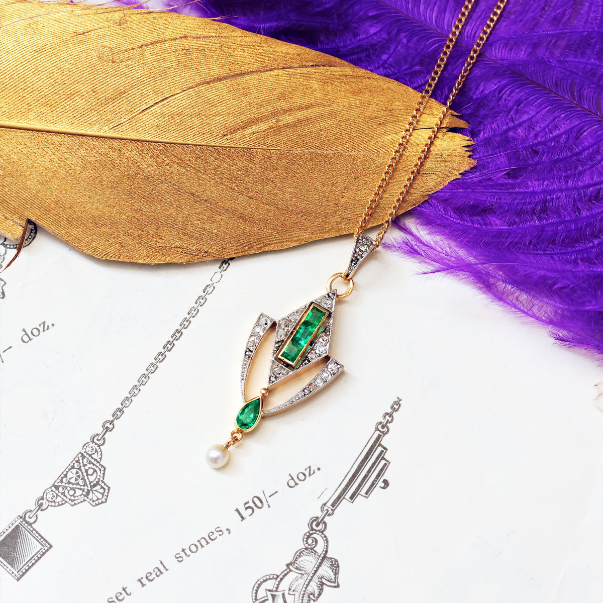 Quintessentially Art Deco Emerald & Diamond Drop Pendant