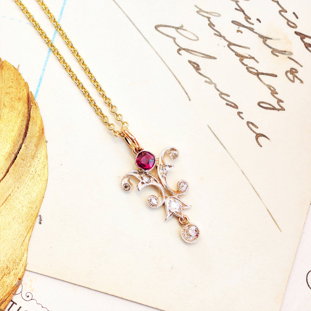 Beautiful Antique Art Nouveau Ruby & Diamond Pendant