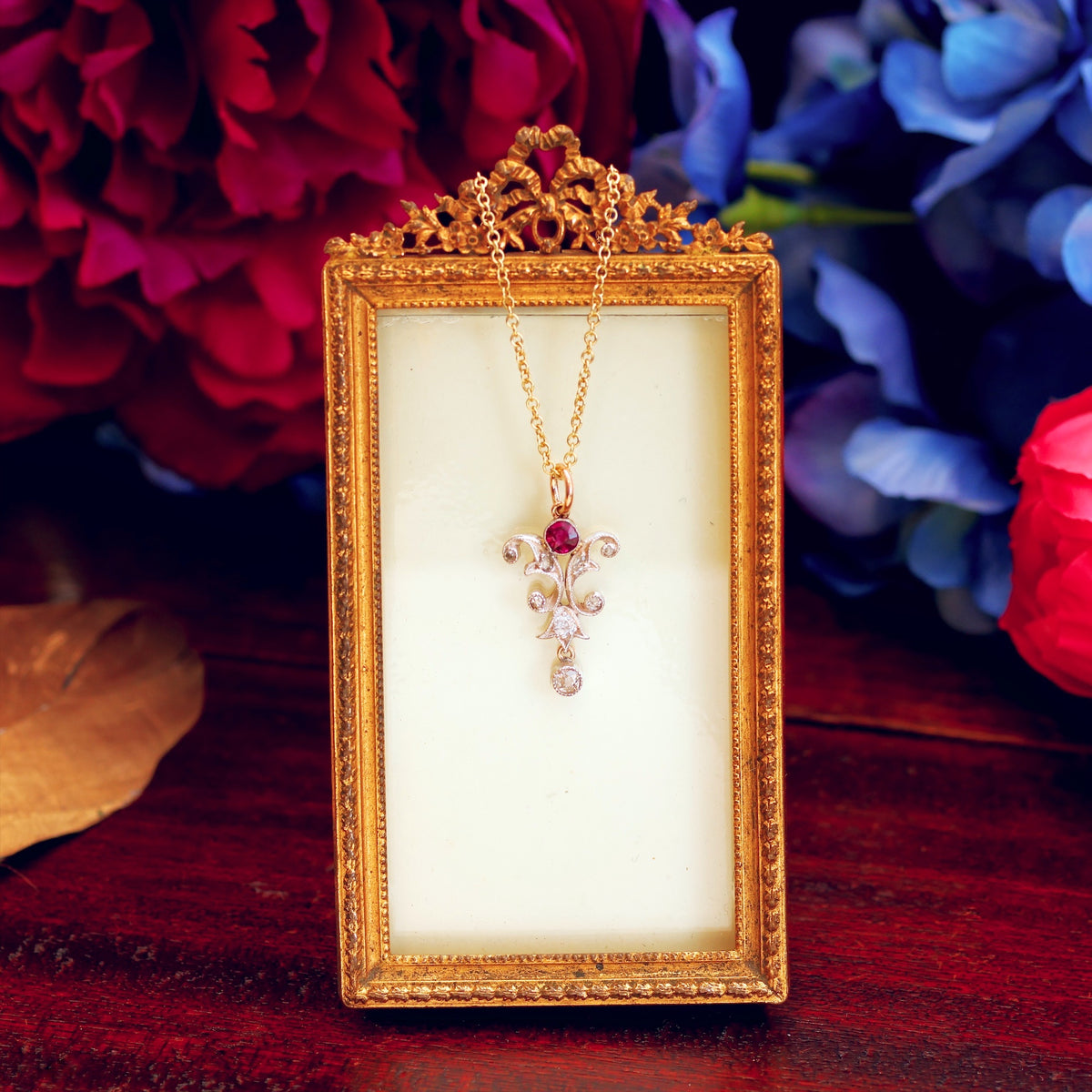 Beautiful Antique Art Nouveau Ruby & Diamond Pendant