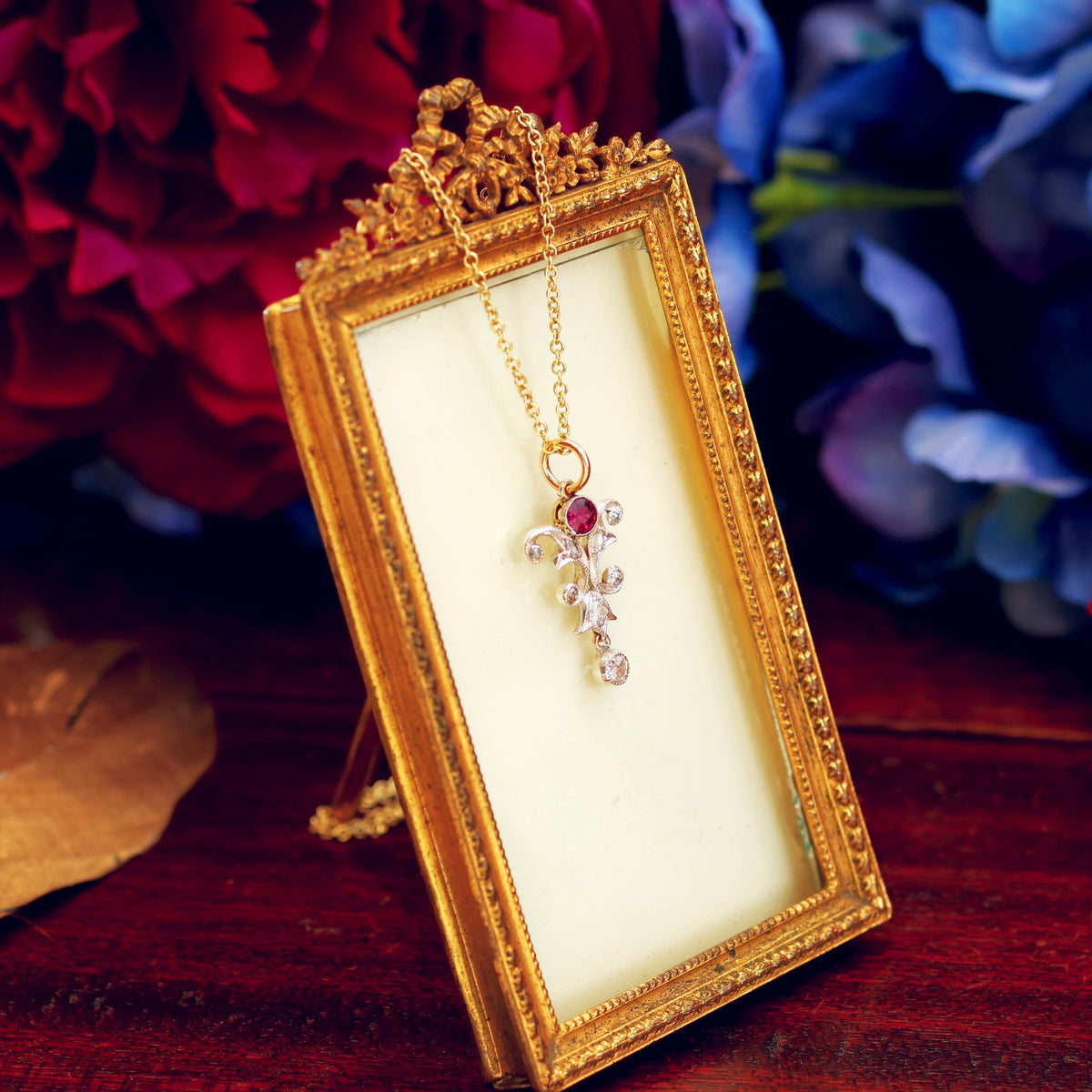 Beautiful Antique Art Nouveau Ruby & Diamond Pendant